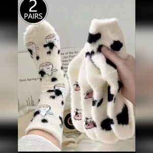Cozy Fuzzy Cow Socks - 2 Pairs - Black and White